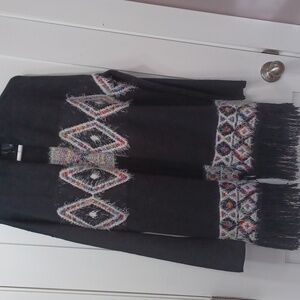Fuzzy Fringe Colorful Aztec Diamonds Black Boho Cardigan Sweater Duster S